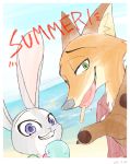  2016 absurd_res ambiguous_gender anthro beach blush canid canine claws clothed clothing dessert disney duo english_text food fox fur green_eyes grey_body grey_fur grin hi_res holding_food holding_object ice_cream inner_ear_fluff judy_hopps lagomorph leporid mammal nick_wilde orange_body orange_fur outside pawpads popsicle rabbit red_fox sand sea seaside shirt sky smile srfkkk text topwear tuft water zootopia 