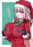  akitokage01 bow braid breasts buttons dress fate/grand_order fate_(series) florence_nightingale_(fate/grand_order) florence_nightingale_santa_(fate/grand_order) fur-trimmed_sleeves fur_trim gameplay_mechanics hat highres large_breasts looking_at_viewer multicolored_bow partially_unbuttoned pink_hair red_dress red_eyes red_headwear santa_costume santa_hat single_braid smile 
