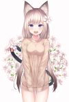  1girl animal_ear_fluff animal_ears bangs blue_eyes blush breasts brown_hair brown_sweater cat cat_ears cat_girl cat_tail commentary_request eyebrows_visible_through_hair flower hair_flower hair_ornament highres long_hair long_sleeves looking_at_viewer low_twintails medium_breasts open_mouth original personification revision shiro_(acad1213) siamese_cat simple_background sleeves_past_wrists solo sweater tail thigh_gap twintails upper_teeth very_long_hair white_background white_flower 