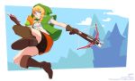  1girl arrow bike_shorts black_shorts blue_eyes boots bow_(weapon) braid brown_footwear brown_gloves cloud compass crossbow dual_wielding english_commentary gloves highres holding hood hood_up linkle medium_hair mouth_hold pixelpulp red_skirt shorts skirt the_legend_of_zelda twin_braids weapon zelda_musou 