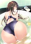  1girl all_fours ass black_hair blush bottle brown_eyes competition_swimsuit from_behind highres hirari long_hair looking_at_viewer looking_back one-piece_swimsuit open_mouth original purple_eyes rubber_duck solo swimsuit very_long_hair wet 