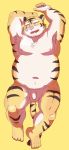  2016 anthro balls beakbum belly felid flaccid humanoid_hands male mammal moobs nipples overweight overweight_male pantherine penis pink_nose simple_background solo tiger yellow_background 