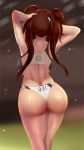  1girl absurdres arms_up ass backboob blurry blurry_background breasts brown_hair crop_top double_bun from_behind gym_shorts gym_uniform highres large_breasts long_hair mei_(pokemon) pokemon pokemon_(game) pokemon_bw2 pokemon_swsh sana!rpg shiny shiny_hair shiny_skin shorts sleeveless solo standing sweat twintails underboob very_long_hair 