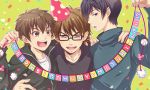  3boys :d ace_of_diamond arm_around_shoulder arm_around_waist baseball black-framed_eyewear black_eyes black_hair black_jacket black_shirt brown_eyes brown_hair character_name closed_eyes confetti furuya_satoru glasses happy_birthday hat jacket long_sleeves male_focus miyuki_kazuya multiple_boys open_mouth party_hat sawamura_eijun shino_(4nolife) shirt smile turtleneck upper_body yellow_background 