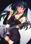  1girl bangs bare_shoulders black_dress black_hair black_legwear blunt_bangs blush breasts brown_eyes cleavage commentary_request detached_sleeves dress electric_guitar eyebrows_visible_through_hair green_hair green_nails grin guitar holding holding_instrument holding_plectrum idolmaster idolmaster_shiny_colors instrument long_hair looking_at_viewer mayuzumi_fuyuko medium_breasts momo_no_kanzume multicolored_hair smile solo streaked_hair thighhighs two_side_up 