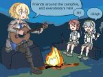  3girls adapted_costume adrian_ferrer arm_warmers asagumo_(kantai_collection) black_legwear blonde_hair blue_eyes blue_neckwear blue_skirt boots braid brown_hair campfire cigarette colorado_(kantai_collection) commentary detached_sleeves english_commentary english_text full_body green_hairband grey_skirt guitar hair_ribbon hairband holding holding_cigarette instrument kantai_collection long_hair multiple_girls music necktie night outdoors pantyhose pleated_skirt ribbon rock shirt short_hair side_braids sidelocks silver_hair singing single_braid skirt sleeveless smoking solid_circle_eyes suspender_skirt suspenders twintails wavy_hair white_shirt yamagumo_(kantai_collection) 