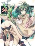  1girl animal black_legwear blurry blurry_background brown_cape cape duel_monster fukiaeru_wynn green_eyes green_hair green_ribbon hair_ribbon highres holding holding_staff kneehighs looking_at_viewer ribbon simple_background staff tail tsumayouji_(dekosoko) yuu-gi-ou 