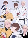  2boys amuro_ray ass ass_focus belt black_belt black_bodysuit black_neckwear black_suit blonde_hair blue_bodysuit blue_eyes blush_stickers bodysuit brown_hair cape char_aznable chin_stroking curly_hair earth_federation english_text eye_contact flower food formal grin gundam hair_slicked_back head_on_butt highres hug huge_ass husband_and_husband jacket jumpsuit kyou_(ningiou) lapel_flower light_smile locked_arms looking_at_another male_focus military multicolored multicolored_bodysuit multicolored_clothes multiple_boys pocky red_bodysuit red_flower red_rose rose skin_tight smile suit thought_bubble toned toned_male twitter_username wedding white_belt white_neckwear white_suit yaoi yellow_bodysuit 