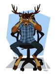  anthro antlers brown_body brown_fur cervid chair clothed clothing digital_media_(artwork) eyewear fur furniture geometric_background glasses haifisch_ehrlich hair hooves horn male mammal office_chair sitting solo 
