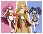  3girls :d ;d absurdres ahoge apron arm_warmers armband bare_shoulders basukechi black_footwear blonde_hair blue_bow blue_eyes blue_hair bow breasts character_request cleavage dragalia_lost feather_duster flat_chest gloves gradient_hair hair_bow halterneck hand_on_hip highres holding holding_tray kneehighs multicolored_hair multiple_girls one_eye_closed open_mouth orange_hair pantyhose pink_hair ramona_(dragalia_lost) red_earrings red_footwear rena_(dragalia_lost) renee_(dragalia_lost) sidelocks simple_background skirt_hold smile standing tray twintails twitter_username white_gloves white_legwear wrist_cuffs yellow_eyes yellow_footwear 