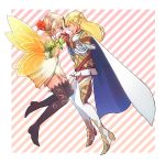  2girls armor bare_shoulders belt boots brown_eyes cape choker fairy_wings fire_emblem fire_emblem_heroes flower gloves hair_flower hair_ornament highres leaf long_hair multiple_girls open_mouth peony_(fire_emblem) pointy_ears sharena teeth twintails user_mtjv7283 wings 
