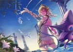  1girl arms_up ass back bare_shoulders blonde_hair blue_sky brown_eyes butterfly_ornament dress droplet europa_(granblue_fantasy) flower granblue_fantasy grin hair_flower hair_ornament leaf lily_(flower) looking_back nos pillar scarf short_dress short_hair sky smile solo thighs tiara wading wet white_dress 