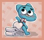  2019 anthro blush butt cartoon_network clothing cub diaper domestic_cat felid feline felis furgonomics gumball_watterson looking_back male mammal shirt sitting solo tenerius the_amazing_world_of_gumball topwear young 