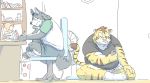  2015 anthro beakbum bottomwear canid canine clothing detailed_background duo felid humanoid_hands male mammal overweight overweight_male pantherine phone pink_nose shirt shorts sitting tiger topwear underwear 