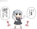  1girl black_ribbon brown_eyes chibi commentary_request dress duster full_body goma_(yoku_yatta_hou_jane) grey_hair grey_legwear hair_ribbon holding_duster kantai_collection kasumi_(kantai_collection) kneehighs long_hair long_sleeves neck_ribbon open_mouth pinafore_dress red_ribbon remodel_(kantai_collection) ribbon shirt side_ponytail simple_background solo standing translated twitter_username white_background white_shirt 