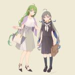  2girls :d ahoge alternate_costume bag beige_background black_footwear black_legwear black_sailor_collar black_skirt blue_eyes blue_hair braid casual colis green_hair grey_hair high_heels holding holding_bag jewelry kantai_collection kiyoshimo_(kantai_collection) long_hair low_twintails mole mole_under_mouth multiple_girls neckerchief necklace open_mouth pleated_skirt sailor_collar school_uniform serafuku shoes short_sleeves simple_background single_braid skirt smile twintails twitter_username white_neckwear yuugumo_(kantai_collection) 