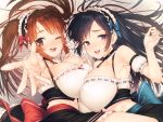  2girls :d ;p apron armpits asymmetrical_docking bangs black_hair black_skirt blue_bow blush bow breast_press breasts brown_eyes brown_hair choker crop_top detached_sleeves eyebrows_visible_through_hair frills highres inumori_shirou large_breasts long_hair looking_at_viewer maid_headdress multiple_girls navel one_eye_closed open_mouth original parted_bangs petticoat purple_eyes reaching_out red_bow ribbon-trimmed_clothes ribbon_trim sidelocks skirt smile take_your_pick tongue tongue_out twintails waist_apron 