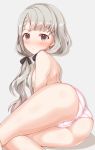  ass back bare_arms bare_legs bare_shoulders blush braid flat_chest highres hisakawa_nagi idolmaster idolmaster_cinderella_girls long_hair looking_at_viewer lying narunaru1320 nipples on_side panties pink_panties silver_hair thighs twintails underwear 