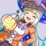  1girl :d ^_^ bang_dream! blonde_hair blush bow bowtie bug cape closed_eyes cross-laced_clothes dress dutch_angle grey_background halloween halloween_costume hand_on_hip hat hat_bow hiroki_(yyqw7151) holding_jack-o&#039;-lantern jack-o&#039;-lantern long_hair long_sleeves open_mouth purple_neckwear ribbon_trim simple_background smile solo spider star star_print striped striped_bow striped_neckwear tsurumaki_kokoro witch_hat 