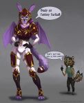  2_tails absurd_res armor bite blue_eyes blue_mishka cellphone chibi chimera clothing english_text estih fangs fantasy_football game_night hair hi_res humor hybrid multi_tail nfl phone purple_hair simple_background tail_maw text two_different_eyes uniform vega white_eyes wings 
