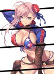  1girl absurdres american_flag_bikini belt bikini bow breasts bun_cover cleavage elbow_gloves eyebrows_visible_through_hair fate/grand_order fate_(series) flag_print gloves hair_bow highres holster lace-up_gloves large_breasts lines long_hair looking_at_viewer miyamoto_musashi_(fate/grand_order) miyamoto_musashi_(swimsuit_berserker)_(fate) nasaniliu pink_eyes pink_hair shrug_(clothing) simple_background single_glove smile solo swimsuit thigh_holster white_background 