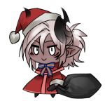  1girl :&gt; bangs capelet chibi christmas commentary dark_skin english_commentary hair_between_eyes hat holding holding_sack horns less looking_at_viewer meme original padoru pointy_ears pom_pom_(clothes) ponytail red_capelet red_headwear sack santa_costume santa_hat silver_hair simple_background smile solo v-shaped_eyebrows white_background 