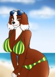  anthro big_breasts bikini bird_dog breasts brown_eyes caek canid canine canis cleavage clothed clothing cocker_spaniel digital_media_(artwork) domestic_dog female food food_bikini food_print fruit fruit_bikini fur hunting_dog kammymau looking_at_viewer mammal melon plant skimpy solo spaniel swimwear watermelon watermelon_bikini watermelon_pattern wide_hips 