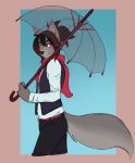  2017 belt brown_body brown_fur canid canine canis clothing domestic_dog fur girly hair invalid_tag male mammal ponytail red_eyes scarf scarlet-frost sebastian_(kellervo) solo topwear umbrella vest 