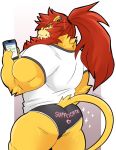  2018 anthro beard big_muscles black_nose butt cellphone clothing ear_piercing ear_ring facial_hair felid fur hair huge_muscles lion looking_at_viewer male mammal muscular muscular_male pantherine phone piercing ponytail red_hair schwarzfox shirt solo sparkles standing t-shirt topwear underwear yellow_body yellow_fur 
