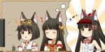  2girls :d ^_^ animal_ear_fluff animal_ears azur_lane bangs bare_shoulders black_hair blush bow center_frills closed_eyes closed_mouth commentary_request cup detached_sleeves dress eighth_note eyebrows_visible_through_hair flat_screen_tv fox_ears frills hair_bow hair_ornament hair_ribbon headpiece high_ponytail imagining japanese_clothes kimono long_hair miicha multiple_girls musical_note mutsu_(azur_lane) nagato_(azur_lane) open_mouth pleated_dress ponytail quarter_note red_dress red_headwear red_ribbon ribbon shirt short_hair sleeveless sleeveless_kimono sleeveless_shirt smile strapless strapless_dress striped striped_bow sunburst sunburst_background television twitter_username v-shaped_eyebrows visor_cap white_kimono white_shirt white_sleeves yellow_eyes yunomi 