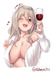  1girl alcohol blush breasts brown_eyes cup drinking_glass ebifurya grey_hair hair_between_eyes hat highres kantai_collection large_breasts long_hair long_sleeves looking_at_viewer one_eye_closed open_mouth pola_(kantai_collection) smile solo wavy_hair wine wine_glass 