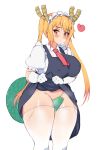  1girl bangs between_legs blonde_hair blush breasts collared_shirt covered_nipples dot_nose dragon dragon_girl dragon_horns dragon_tail elbow_gloves eyebrows_visible_through_hair gloves gradient_hair heart heart-shaped_pupils highres horns kobayashi-san_chi_no_maidragon large_breasts long_hair looking_at_viewer looking_to_the_side maid maid_headdress multicolored_hair necktie open_mouth orange_eyes puffy_short_sleeves puffy_sleeves scales shirt short_sleeves skirt skirt_lift solo spadess standing symbol-shaped_pupils tail tail_between_legs tail_censor thick_thighs thighhighs thighs tooru_(maidragon) tsurime twintails white_background white_gloves 