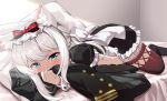  1girl animal_ear_fluff animal_ears aqua_eyes azur_lane bangs bed between_legs black_jacket black_skirt blush bow cat_ears commentary_request eyebrows_visible_through_hair frilled_skirt frilled_sleeves frills hair_bow hammann_(azur_lane) hand_between_legs implied_masturbation indoors jacket jacket_removed lying maid on_bed on_stomach pillow red_bow short_sleeves sidelocks skirt solo tearing_up tied_hair user_vaut5744 white_hair wrist_cuffs 