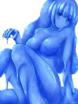  1girl arm_support blue_eyes blue_hair blue_skin breasts goo_girl hand_up knees_up long_hair medium_breasts monster_girl nude original rethnick sitting solo very_long_hair white_background 