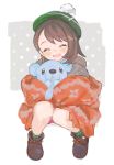  1girl bangs blush brown_footwear brown_hair cardigan closed_eyes cubchoo full_body gen_5_pokemon green_headwear green_legwear grey_cardigan hat holding holding_pokemon hood hood_down hooded_cardigan nprmtp open_mouth pokemon pokemon_(creature) pokemon_(game) pokemon_swsh pom_pom_(clothes) shoes short_hair sketch socks solo squatting tam_o&#039;_shanter yuuri_(pokemon) 