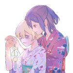  2girls :d bang_dream! bangs blonde_hair floral_print hair_up half_updo hand_on_another&#039;s_hand hand_on_another&#039;s_stomach holding japanese_clothes kimono multiple_girls obi open_mouth purple_eyes purple_hair red_eyes red_kimono sash seri_(vyrlw) seta_kaoru shirasagi_chisato simple_background smile upper_body white_background white_kimono wide_sleeves wind_chime yuri 