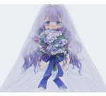  1girl azur_lane bangs blue_ribbon blunt_bangs blush bouquet bridal_veil bride commentary_request dress flower grey_background jitome long_hair looking_at_viewer nose_blush p_p_p99 purple_eyes purple_hair ribbon simple_background solo unicorn_(azur_lane) veil wavy_hair wedding_dress white_dress 