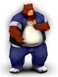  anthro belly belly_pinch blush bodily_fluids brown_bear brown_body brown_fur clothed clothing daitai_tekisuto embarrassed fur hand_on_stomach male mammal overweight overweight_male simple_background solo standing sweat sweatdrop ursid ursine white_background 