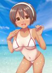  1girl bangs beach bikini breasts brown_eyes brown_hair collarbone day eyebrows_visible_through_hair hair_between_eyes hairband highres kantai_collection kirigakure_(kirigakure_tantei_jimusho) large_breasts natori_(kantai_collection) navel ocean one-piece_tan open_mouth outdoors short_hair smile solo swimsuit tan tanline water white_bikini white_hairband 