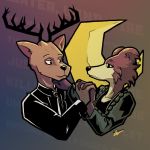  2019 anthro antlers beastars bestteamaker brown_body brown_fur canid canine canis cervid clothed clothing duo female fur hand_holding hand_on_shoulder horn juno_(beastars) looking_at_another louis_(beastars) male male/female mammal multicolored_body multicolored_fur two_tone_body two_tone_fur wolf 