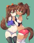  2girls :o :q absurdres animal_ears arched_back ass bare_shoulders black_legwear blue_jacket blush bow breasts brown_hair buruma character_request cleavage commission copyright_request cropped_jacket dark_skin dog_ears dog_girl dog_tail elbow_pads eyebrows_visible_through_hair green_background green_eyes grey_shorts hair_between_eyes hair_bow hair_intakes hand_on_another&#039;s_back hand_on_another&#039;s_shoulder highres holding_hands hug interlocked_fingers jacket last_origin long_hair long_sleeves looking_at_viewer looking_back micro_shorts multiple_girls navel off_shoulder orange_bow ponytail red_buruma shorts shorts_tan sports_bikini stomach swimsuit tail tan tankini tanline thighhighs tongue tongue_out track_uniform ubo_(dbsgurdbsk) white_legwear zipper_pull_tab 