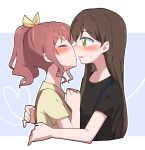  2girls ^_^ bang_dream! black_hair black_shirt blue_background blush brown_hair clenched_hands closed_eyes from_side green_eyes gyaheung hair_ribbon hanazono_tae hands_up heart heart_of_string hover_hand imminent_kiss long_hair multiple_girls outline ponytail ribbon shirt sidelocks simple_background suspenders sweatdrop upper_body v-shaped_eyebrows white_outline yamabuki_saaya yellow_ribbon yellow_shirt yuri 