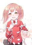  1girl admiral_(kantai_collection) blurry brown_hair depth_of_field fang floral_background half-closed_eyes hand_on_own_chest highres holding_hand japanese_clothes jewelry kantai_collection kariginu kirigakure_(kirigakure_tantei_jimusho) magatama open_mouth petals pleated_skirt pov ribbon-trimmed_sleeves ribbon_trim ring ryuujou_(kantai_collection) skirt smile solo_focus twintails upper_body wedding_band yellow_eyes 