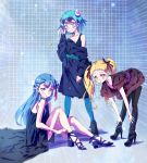  3girls :o antennae aqua_hair aqua_legwear bare_legs barefoot belt black_dress black_jacket black_legwear black_ribbon blonde_hair blue_eyes blue_hair blush blush_stickers boots breasts clothes_down collarbone dress earrings eyewear_on_head fashion glasses hagoromo_lala hair_bun hair_ornament hair_ribbon half_updo heart heart_hair_ornament high_heel_boots high_heels highres hugtto!_precure jacket jewelry kasugano_urara_(yes!_precure_5) knee_boots knees_up kyoutsuugengo leaning_forward long_hair looking_at_viewer multicolored_hair multiple_girls open_mouth pantyhose pearl_earrings pink-framed_eyewear pink_earrings pink_hair pink_ribbon pointy_ears precure ribbon ring short_hair sitting small_breasts smile spaghetti_strap star star-shaped_pupils star_in_eye star_twinkle_precure strappy_heels streaked_hair symbol-shaped_pupils symbol_in_eye thighhighs twintails yakushiji_saaya yellow_eyes yes!_precure_5 