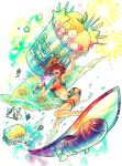  1girl bikini breasts food fruit graphite_(medium) ice_cream nyanko_daisensou open_mouth red_hair short_hair summer surf surfing swimsuit torpedo traditional_media ura_(mukimeineko) watercolor_(medium) 