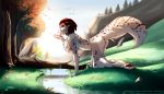  2019 7:4 adira_(twokinds) all_fours anthro blue_eyes breasts butt casual_nudity chest_tuft conditional_dnp creek day detailed_background digitigrade drinking eyebrows eyelashes felid female fingers fluffy fluffy_tail forest fur grass hi_res keidran looking_aside looking_at_viewer mammal nude outside pantherine pawpads sky smile snow_leopard solo spots spotted_body spotted_fur toes tom_fischbach tongue tongue_out tree tuft twokinds water webcomic 