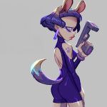  animal_humanoid arm_tattoo butt canid canid_humanoid canine canine_humanoid dog_humanoid ear_piercing ear_ring eyeshadow female gun hair humanoid looking_back makeup mammal mammal_humanoid munenari_maegawa piercing purple_hair ranged_weapon weapon yellow_eyes zeolandia 