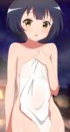  1girl :o absurdres bath black_hair breasts covering gochuumon_wa_usagi_desu_ka? hair_between_eyes highres jouga_maya looking_at_viewer onsen open_mouth poa_mellhen short_hair small_breasts solo towel yellow_eyes 