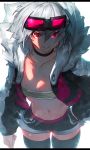  1girl absurdres bandeau belt black_legwear breasts choker cleavage fur_trim goggles goggles_on_head hair_between_eyes hand_in_hair highres jacket looking_at_viewer midriff niwamaru niwarizumu original pink_eyes shorts silver_hair smile solo thighhighs zettai_ryouiki 