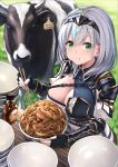  armlet armor belt bench blue_eyes bow breasts chopsticks cleavage commentary_request cow eating fingerless_gloves food food_bowl food_in_mouth gloves grass headband highres hololive large_breasts looking_at_viewer meat pauldrons shirogane_noel short_hair silver_hair sitting tazaki_hayato virtual_youtuber 